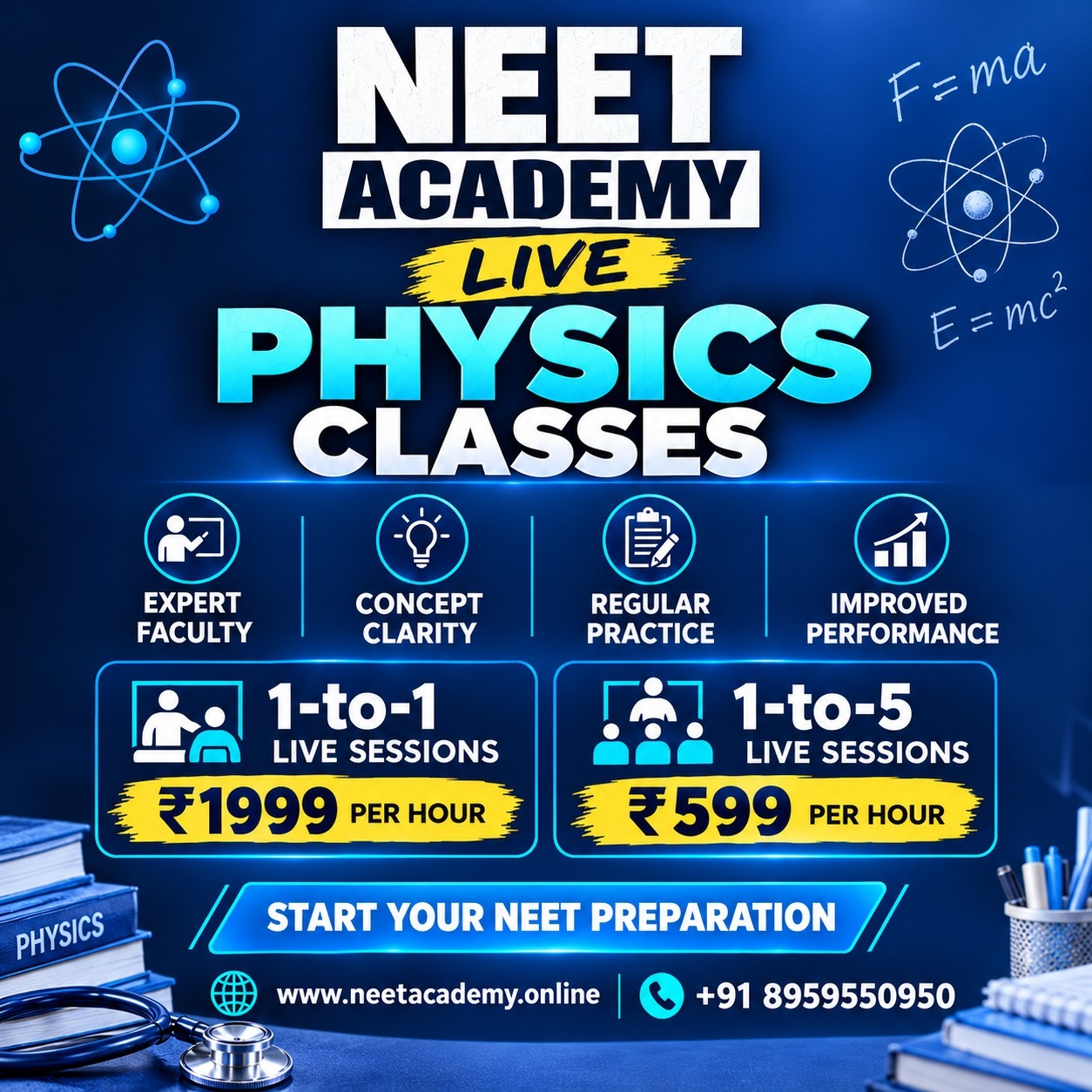 NEET Academy Live Physics Classes: 1-to-1 live sessions ₹1999 per hour and 1-to-5 live sessions ₹599 per hour
